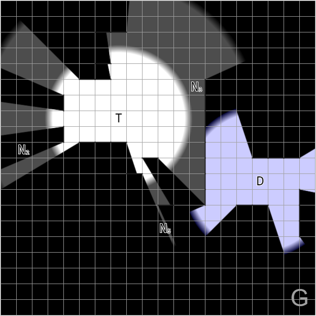 A dark map with two light sources that are blocked by various walls