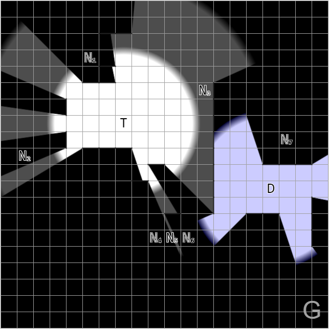 A dark map with two light sources that are blocked by various walls